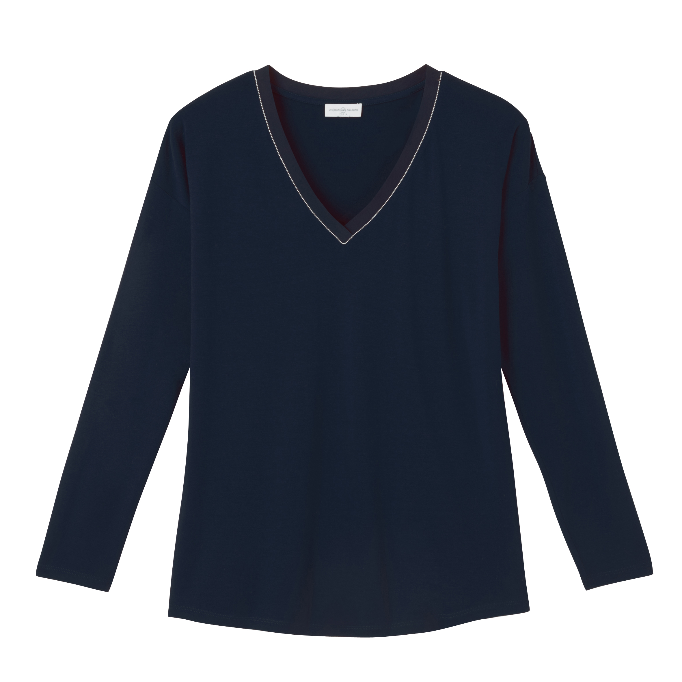 T-shirt-col-v-croise-Marine-R63195MA_photo